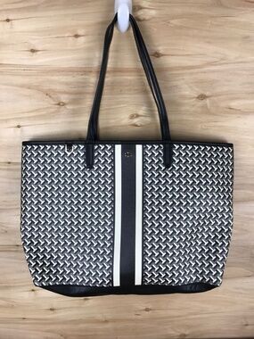 Tory Burch Tile T-Link T Zag Tote Bag Black White Gray 18"